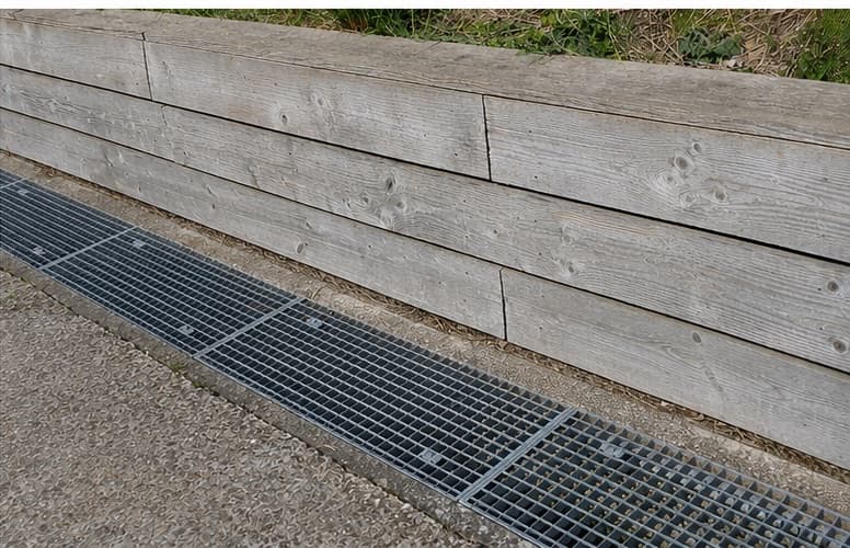 A metal grated channel drain set into concrete along the base of an exterior wall